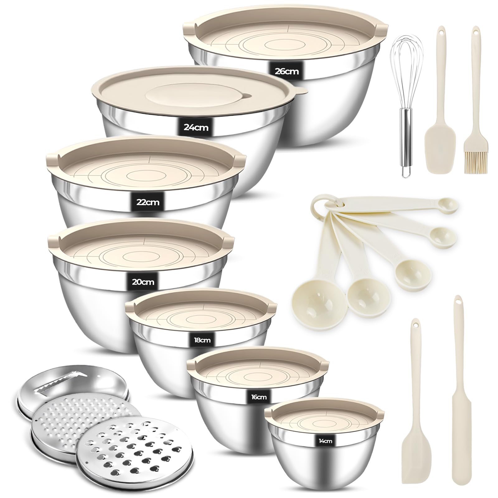 Lot de 7 Saladiers en Acier Inoxydable avec Couvercles, Bols Mélangeurs Empilables, incluant 3 Râpes & Accessoires de Cuisine, pour Pâtisserie, Préparation et Conservation (Ø14–26 cm)