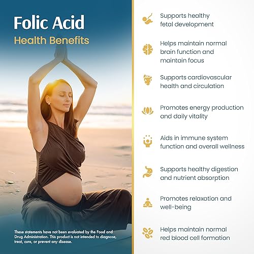 Miniatura 6 de Vykee Nutrition Suplemento de ácido fólico  Vitamina B9 de alta potencia 1,870 mg de folato DFE, 1,100 mg de ácido fólico  Vegano, sin OMG  Apoya la