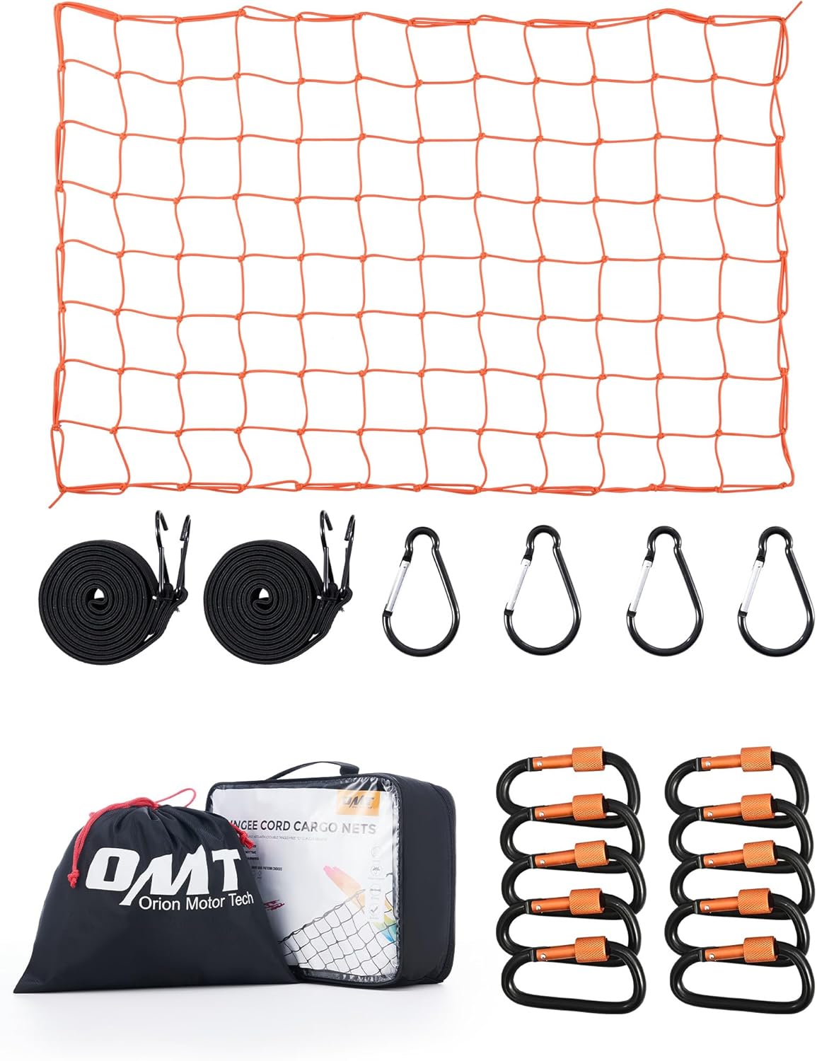 Orion Motor Tech Small Cargo Net, 3'x4' Cargo Net for Roof Rack with 4"x4" Small Mesh, 6'x8' Max Size Truck Bed Net with Locking Carabiners, Straps, Automotive Cargo Net (3 x 4 ft., Orange)
