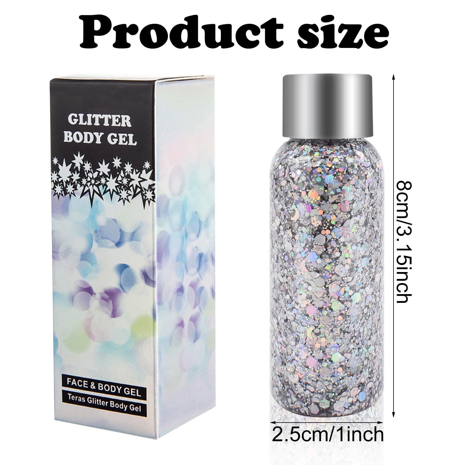 6 Bottiglia Glitter Body Gel,Brillantini Make Up,Gel Glitterato Viso con Lustrini,per Viso,Unghie,Occhi,Labbra,Capelli,Corpo,per Musica,Festival,Feste in Maschera(Bianco/Oro/Argento/Rosa/Verde/Viola)