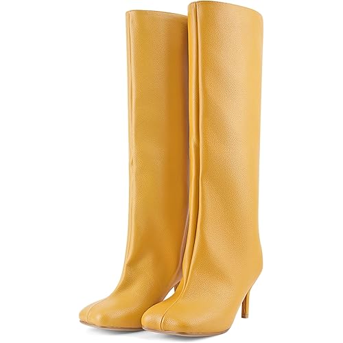 Women's Knee High Suede Boots for Women Wide Calf Square Toe Stiletto Heels Tall Boots Pull On High Heel Long Booties