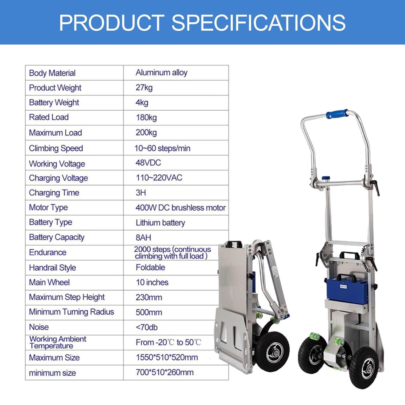 Carrello Montascale Elettrico, Carrello Pieghevole, capacità di Carico Massima 200 kg, Carrello A Mano con Telaio in Alluminio per Scale su E Giù per Spostare Mobili, Cemento