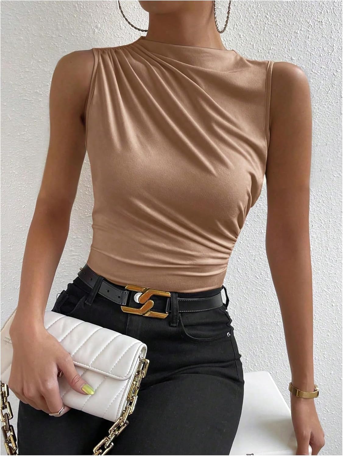 Milumia Women's Colorblock Ruched Mock Neck Tank Top Sleeveless Slim Fit Work Shirt Tops - Image 3