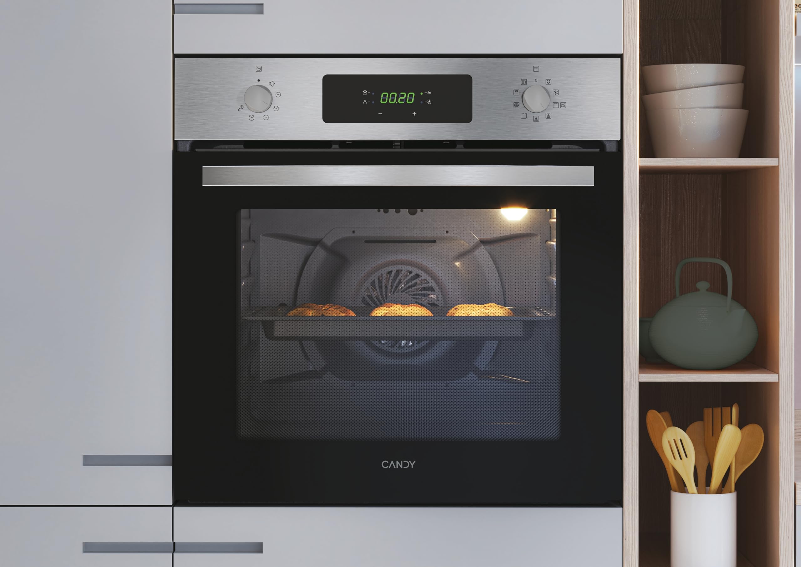 Candy Idea FCID X676, Horno Multifunción Pirolítico, 65L, 1 Bandeja y 1 Rejilla, Ventilador Radial, Aquálisis, Convección + Ventilador, 9 Funciones, Display táctil, Puerta 3 Cristales, Inox y Negro