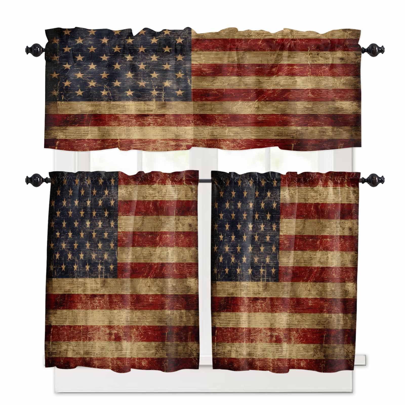 American Flag Kitchen Curtains 36 Inch Length, 3 Piece Rod Pocket Small Half Tiers and Valance Set, Farmhouse Vintage Retro Red Blue Small Large Window Treatment Decor for Bedroom/Bathroom Sink