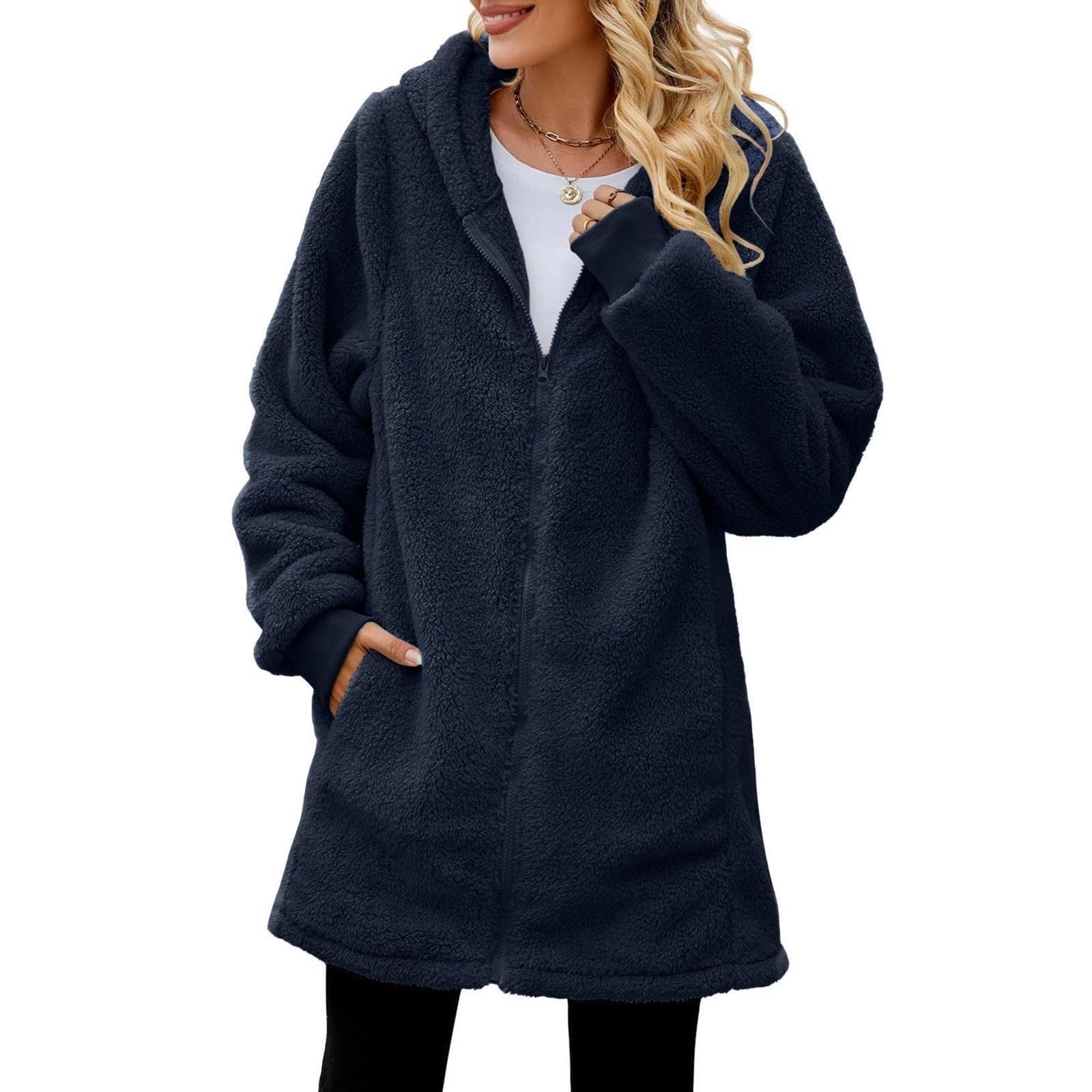 Generisch Fleecejacke Damen Mit Kapuze Winterjacke Damen Warm Teddyjacke