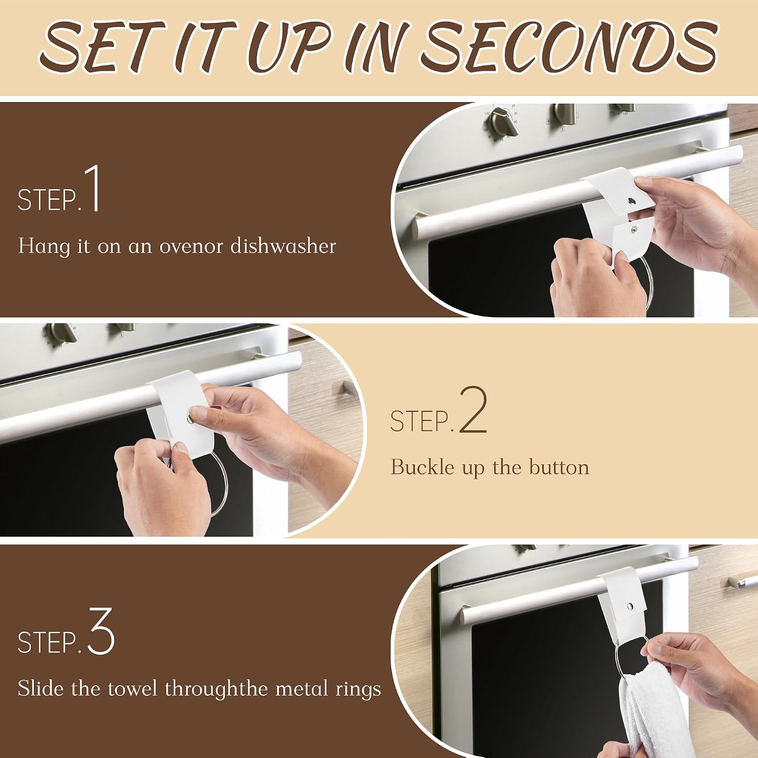4 PCS Leather & Metal Towel Ring Holder for Kitchen Dish Towels Holder with Loop Oven Door Hanger Gifts for Farmhouse Home Decor(White) image 5