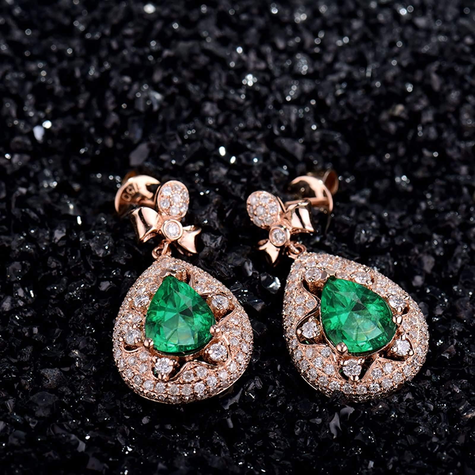 Epinki Rose Gold 750 Ohrringe Hängend, Träne Tropfen Ohrschmuck mit Smaragd 1.85ct Grün, Geschenk für Valentinstag, Rose Gold
