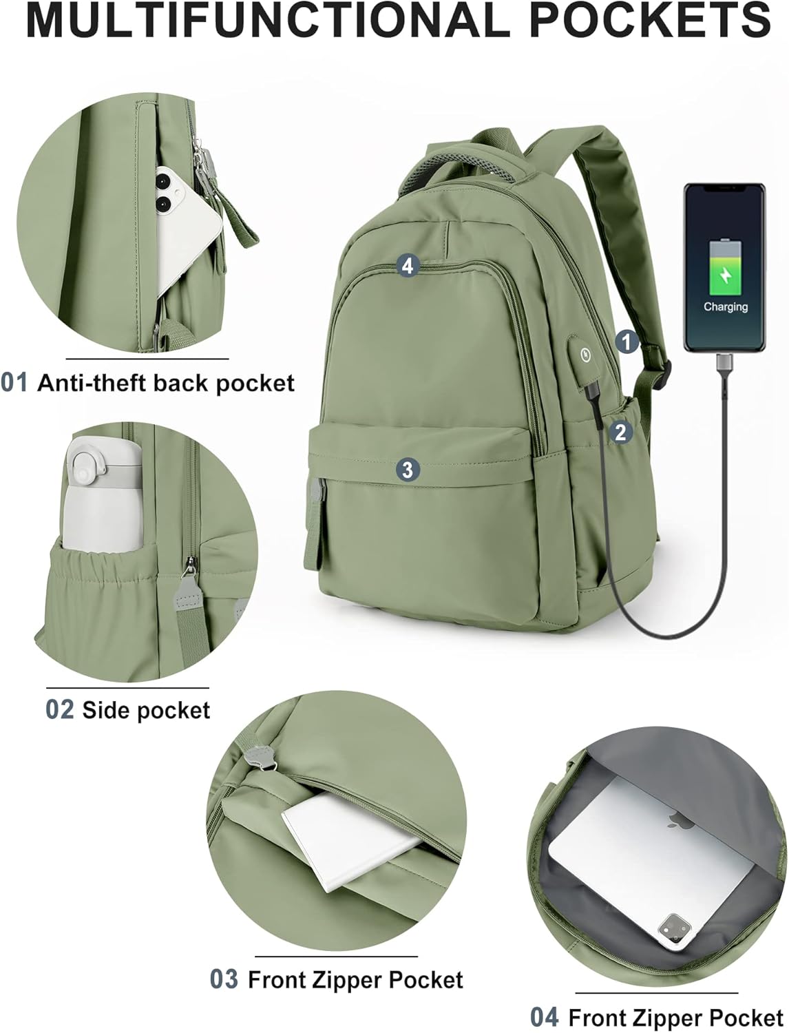 winspansy Small Backpack For School Girls Boys Aesthetic Lightweight Travel Daypack Simple Cute Backpack For Women Men College High School Bookbag Bag Fit 14 Inch Laptop With USB charging port, Green - Image 3