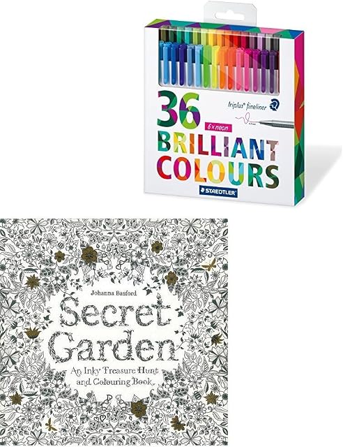 Staedtler 334 Triplus Fineliner Superfine Point Pens, 0.3 mm, Assorted Colours, Pack of 36 and Secret Garden: An Inky Treasure Hunt and Colouring Book