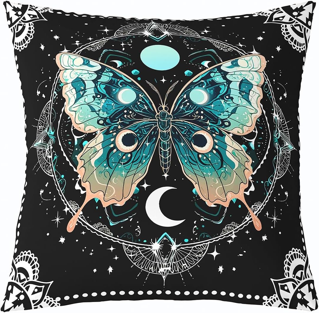 Feelyou Death Moth Reversible Throw Pillow Covers for Kids Boys Girls Skull Decor Pillow Covers Home Decor 24 x 24-Inch Halloween Decorations Square Cushion Covers Set of 1 Decor Boho Moth Gothic