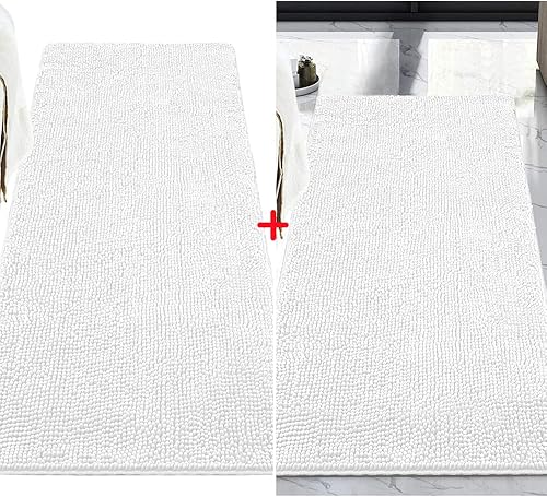 LOCHAS Juego de tapetes de baño de chenilla, color blanco, tamaño 24 x 60 pulgadas, el tapete de baño mide 24 x 48 pulgadas, paquete de 2 artículos
