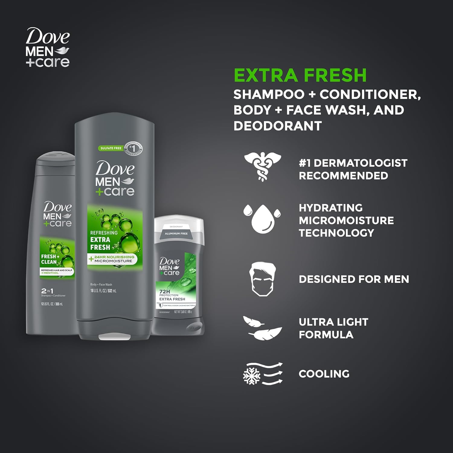 Dove Men+Care Shower Caddy College Gift Set – Extra Fresh Body + Face Wash, Deodorant for Men + Fresh & Clean 2-in-1 Shampoo & Conditioner (4 Piece Set) - Image 3