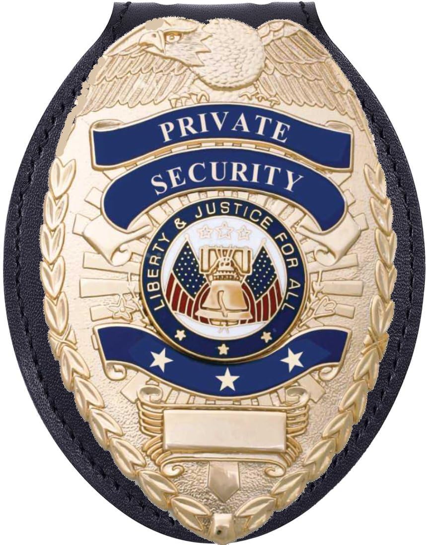 Ryno Gear's Private Security Officer Universal Oval Badge + Holder: Standard Leather Shield Case with, Hook Fastener, 2-5/8" x 3-5 (Oval Badge, Nickel Badge - Leather Holder)