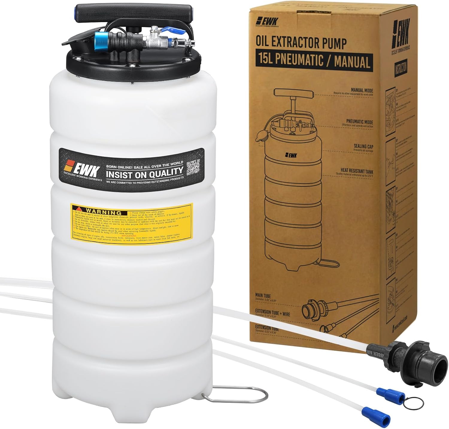 EWK 15L Pneumatic/Manual Oil Extractor Pump, Fluid Evacuator for Oil Change, Large Capacity Vacuum Evacuation Tool for Cars Trucks and Agricultural Machinery