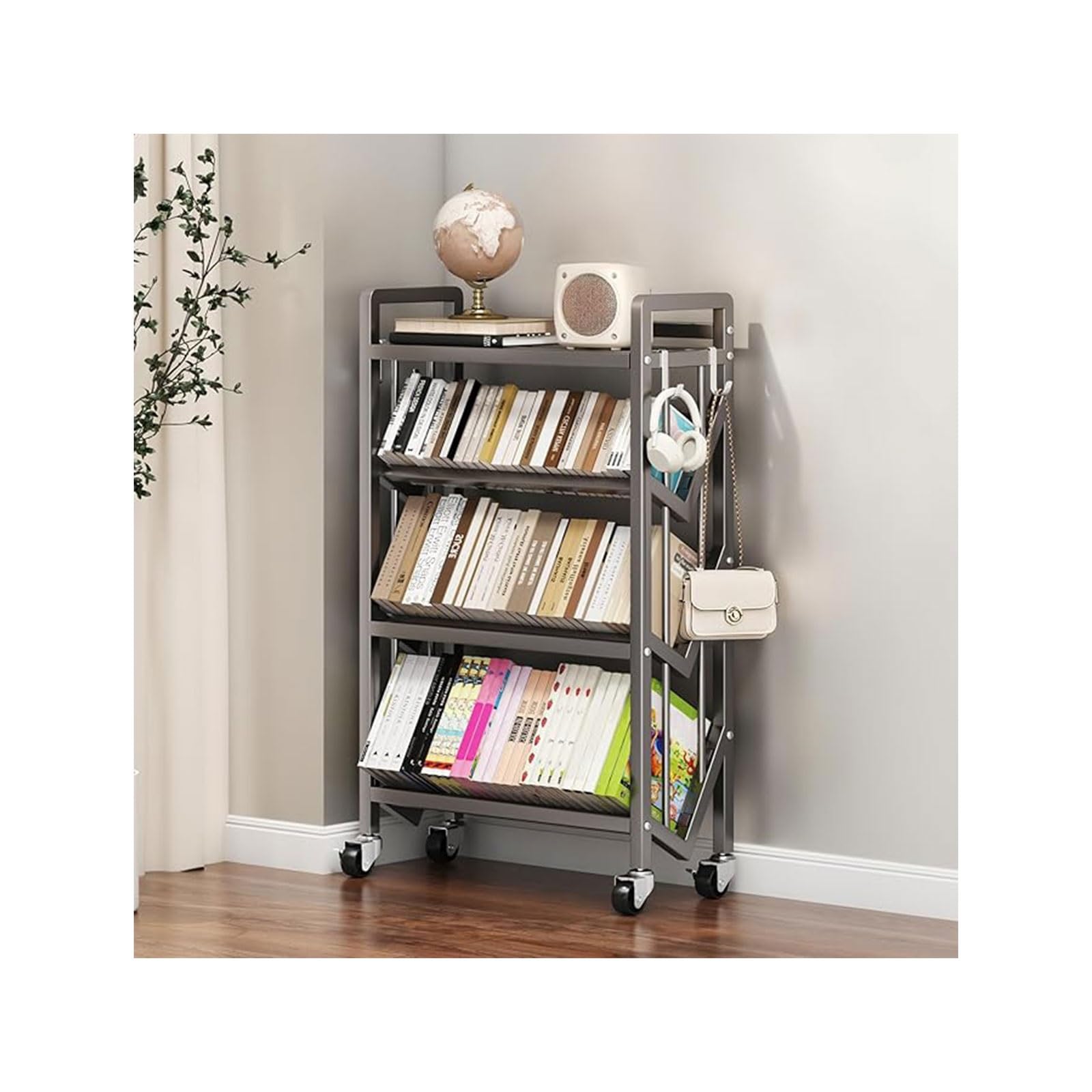 Book Carts with Wheels, Library Rolling Book Cart 2/3/4/5 Tier Movable Bookshelf Mobile Large Capacity L-Shaped Carbon Steel Organizer Rack for Office, Home, Classroom(Gris,4 Tiers-27.6x9.8x46.5in)