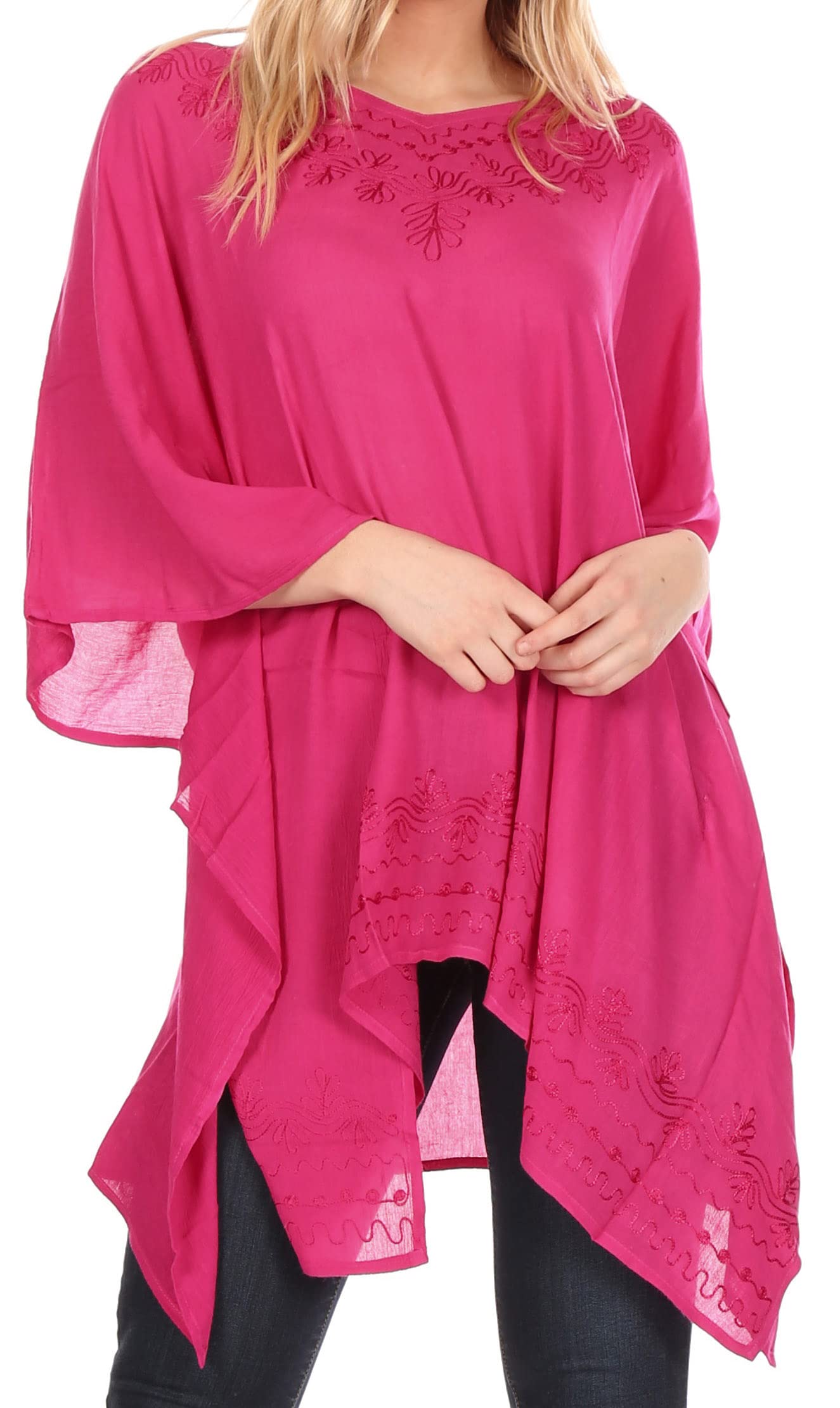 Sakkas K2022S - Wren Lightweight Circle Poncho Top Blouse with Detailed Embroidery - Fuchsia - OS