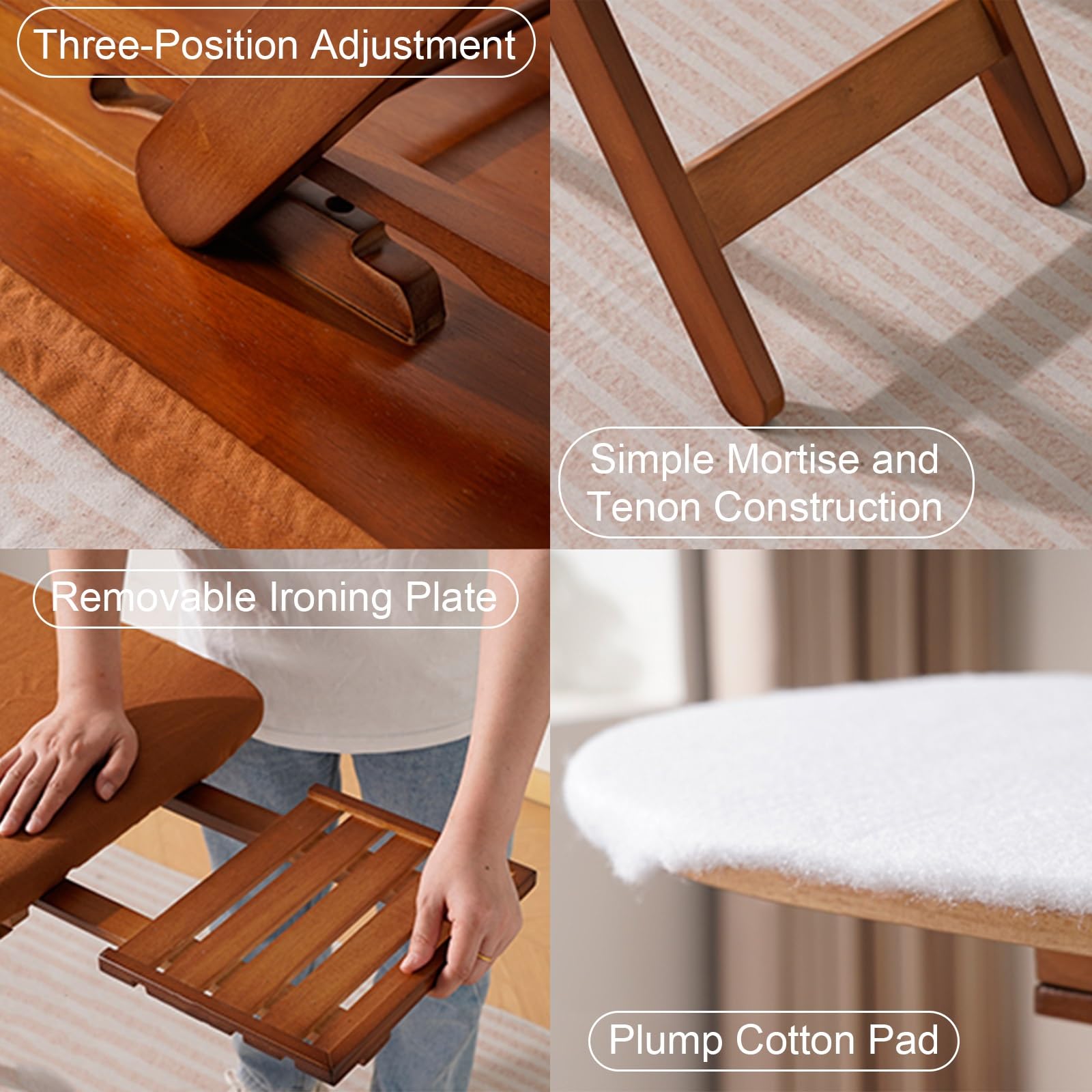 Tabla de Planchar Plegable Extragrande de Madera Maciza, Extra Ancha Mesa Planchar con Soporte de Hierro Extraíble y 3 Alturas Ajustables