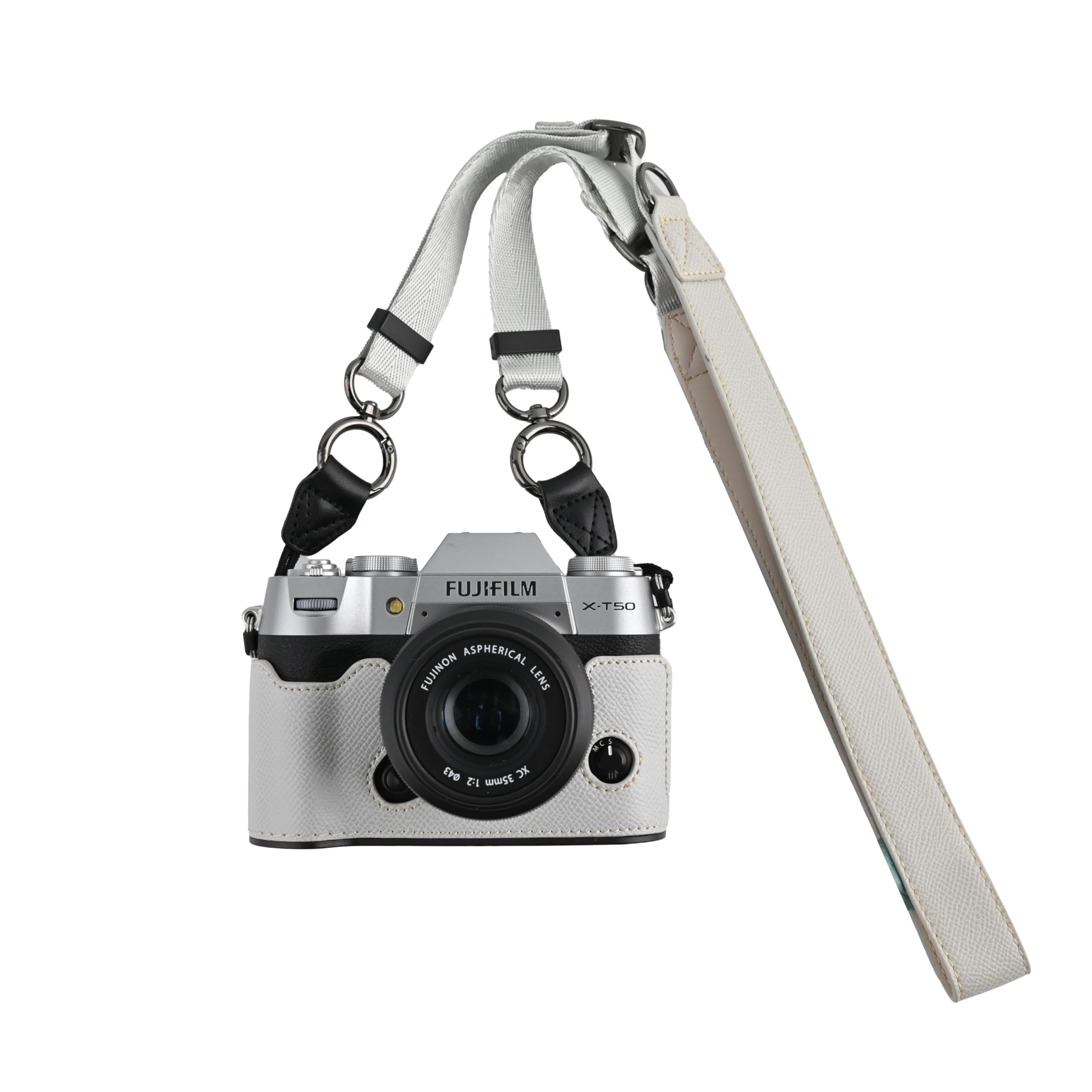 X-T50 Case, BMAOLLONGB Handmade PU Leather Half Camera Case Bag Cover Bottom Opening Version for Fujifilm X-T50 XT50 with Neck Strap (White)