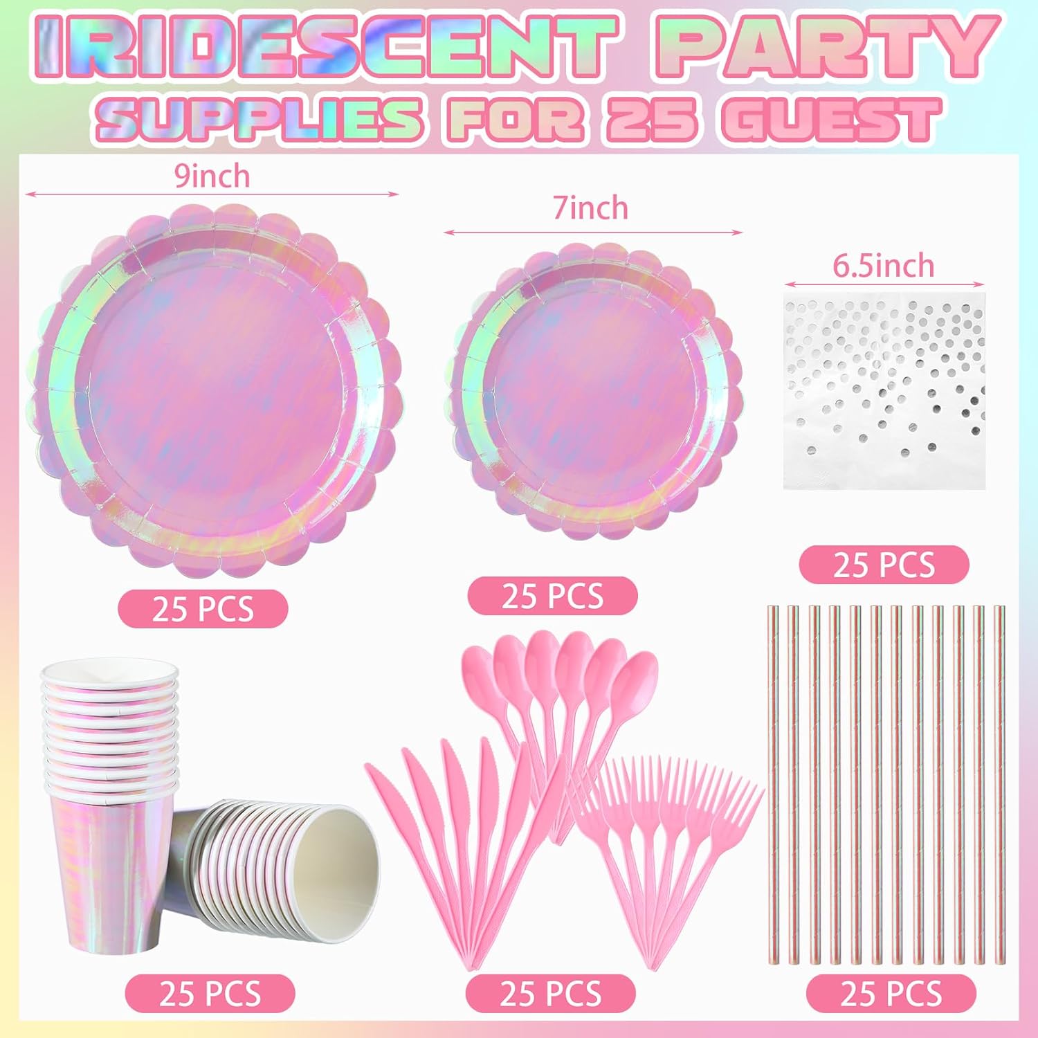Jinei 200 Pcs Pink Spa Party Supplies Serve 25, Disposable Pink Iridescent Scalloped Paper Plates Napkins Tableware Set for Witch Princess Themed Birthday Sleepover Slumber Party