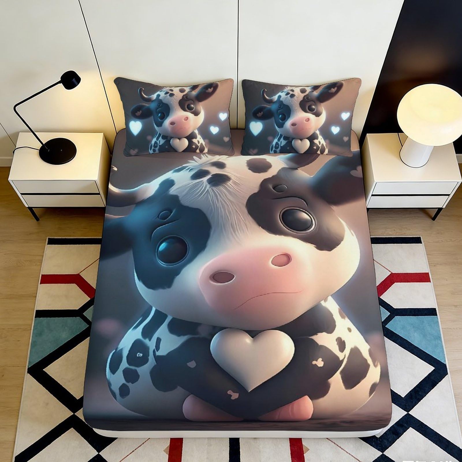 3D Printed Cartoon Cow Fitted Sheet Microfiber Deep Pocket Bedroom Bedding Cute Cow Mattress Fitted Cover Non-Slip Full Wrap Washable for All Ages 90x200x25cm