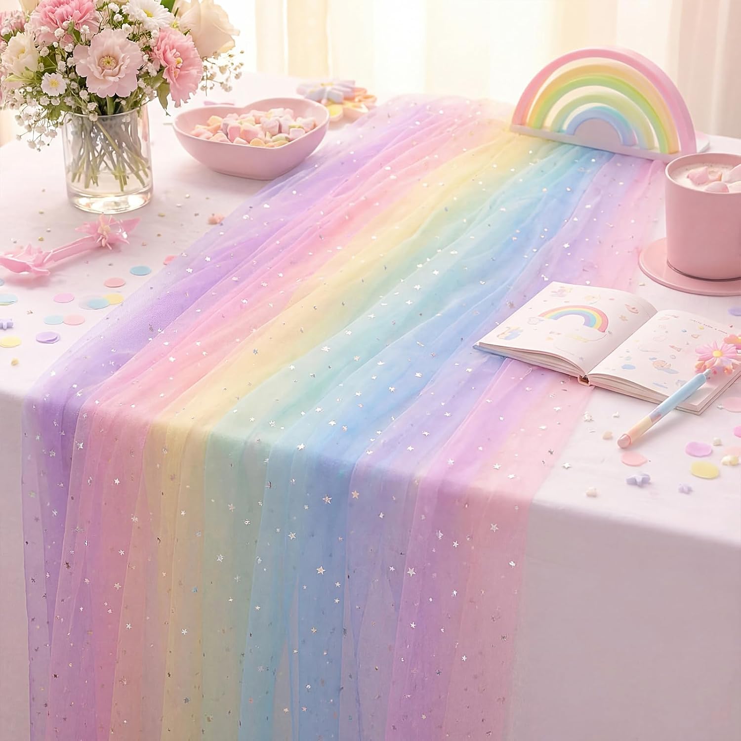 4 Pcs Rainbow Tulle Table Runner 29 x70 inch Colorful Lace Table Runner Pastel Iridescent Decor for Home Kitchen Garden Party Unicorn Birthday Baby Shower Wedding Bridal Shower Decor