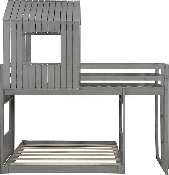 Playhouse Bunk Bed Twin Over Full Size, Wooden Bunk Bed with Roof, Windows, Ladder and Guardrails, House Bunk Bed Frame for Kids Teens Girls Boys, No Box Spring Needed (Antique Gray)