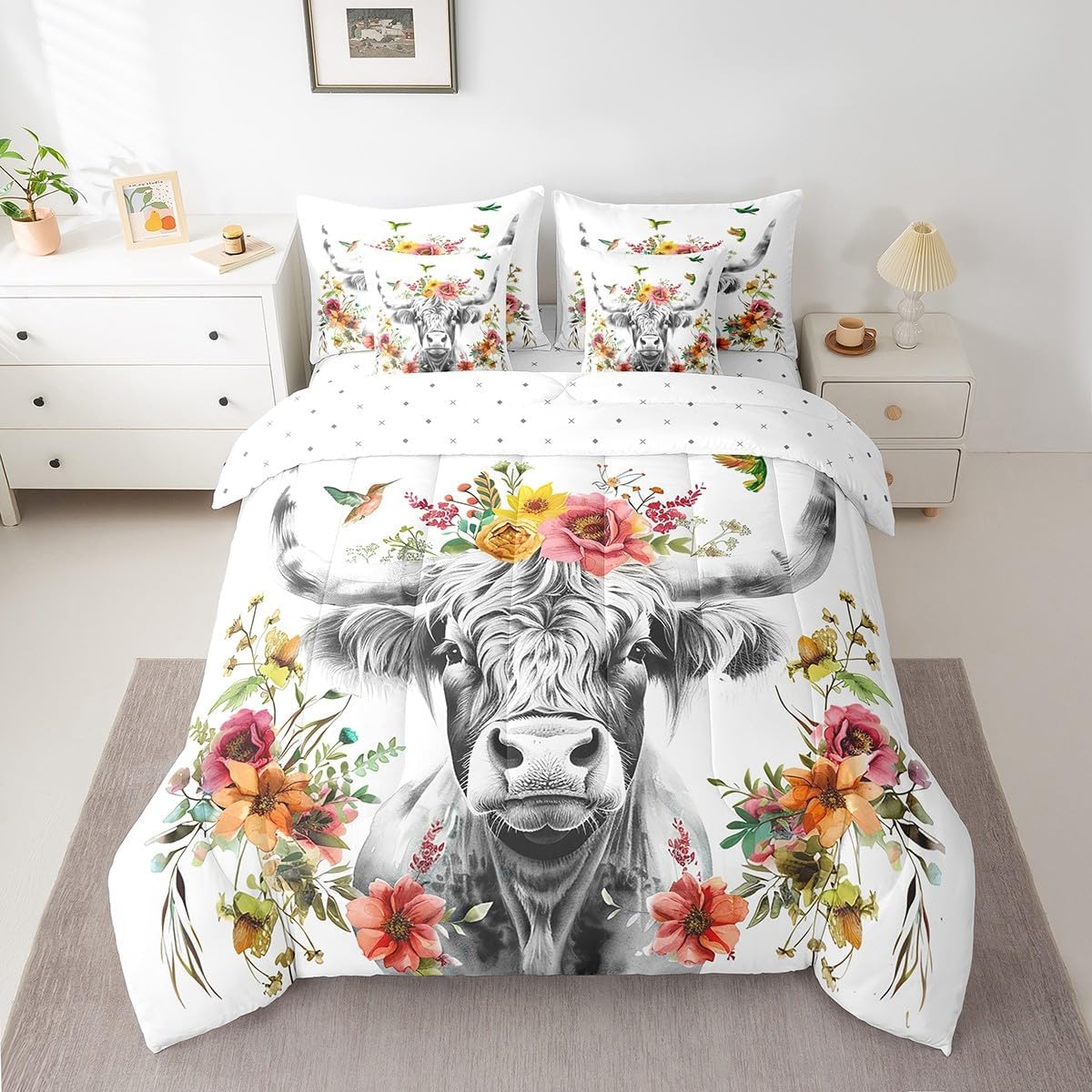 Erosebridal Highland Cow Floral Comforter Set 7 Piece Queen Size Bull Cattle Flower Bed in a Bag Wildlife Farmhouse Cow Quilt Set Hummingbird Sheet Set Soft Reversible All Season White Bedding Set