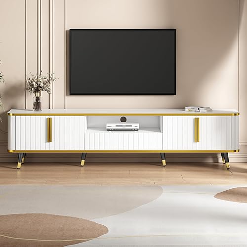 Miniatura 46 de LUMISOL Soporte de TV moderno para TV de 75 pulgadas + consola de TV con armarios de puerta de cristal, centro de entretenimiento de madera con