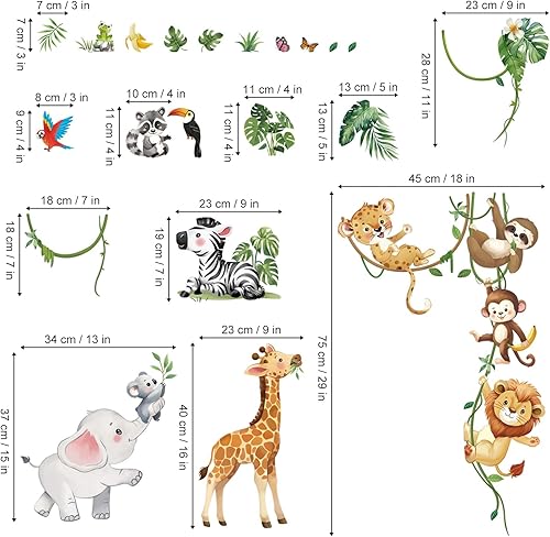 Miniatura 4 de decalmile Calcomanías de pared de animales de safari, animales de la selva, trepadores, árbol, jirafa, elefante, león, pegatinas de pared,