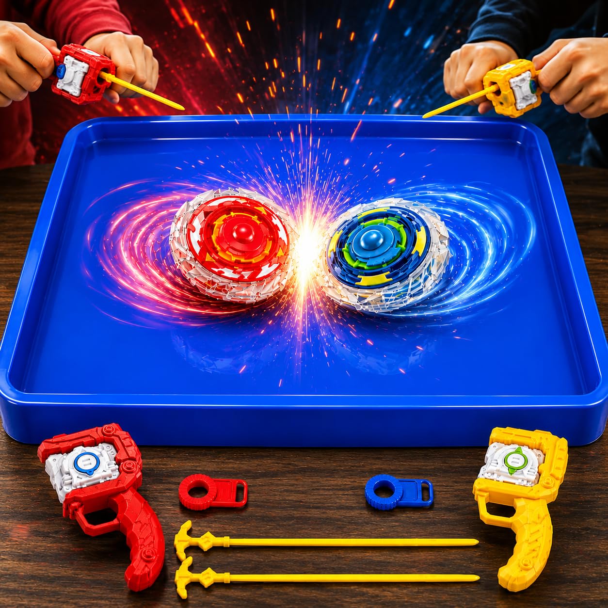 PLUSPOINT Spining Battle Top Toy Set of 2 Tops and 1 Tray with Launcher and Grip, Metal Gyro Fighting Tops Starter Set for Kids, Competitive Spin Game Toy Gift for Boys and Girls Age 6+-picture-34