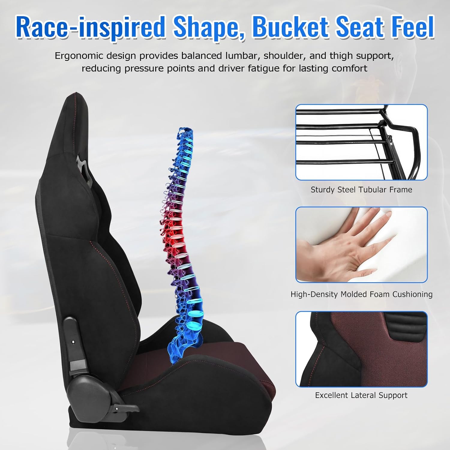 FREEMOTOR802 Reclining Sim Racing Seats, Universal Car Sport Seats with Dual Lock Sliders, Shining Mesh Fabric & Synthetic Suede Cover, Steel Frame & Molded Padding, 1 Pair, Black & Red