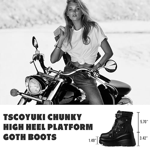 Miniatura 4 de Tscoyuki - Botas de plataforma de tobillo para mujer, botas con tacón alto grueso, botas de combate con punta redonda estilo gótico, con cordones