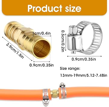 4pcs 3/810mm Hose Repair Kit Brass Air Hose Connector Air Hose Repair Kit High Pressure Washer Hose Repair Kit Air Hose Fitting with 8 Stainless Steel Pipe Clamps for Water/Fuel/Air