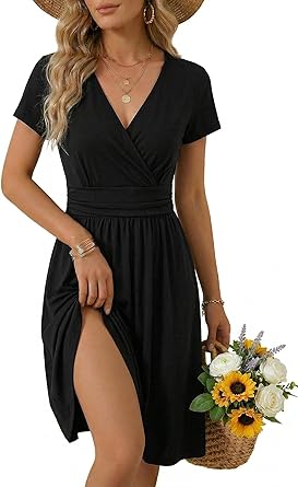OUGES Casual Summer Dress for Women Wrap V Neck A Line Midi Dresses with Pockets