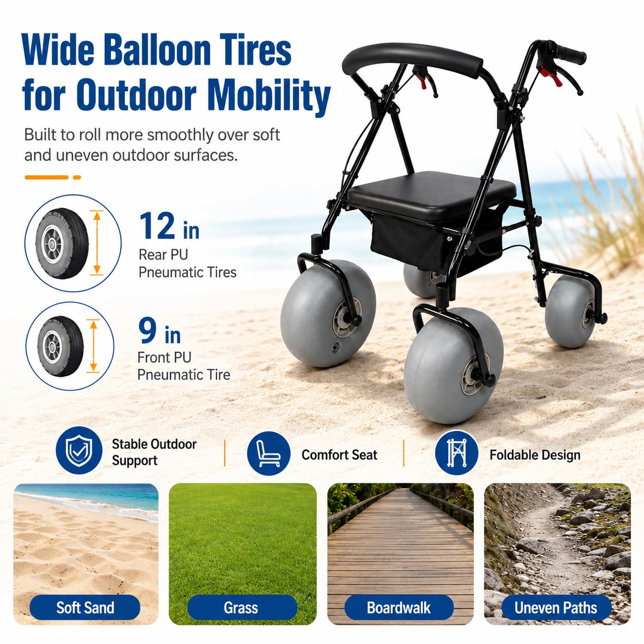 TsoLay Silla De Ruedas De Playa con Neumáticos Anchos, Silla De Ruedas De Playa Todoterreno con Ruedas De Liberación Rápida, Diseño Plegable, Capacidad De 100 Kg para Arena Blanda, Césped, Grava