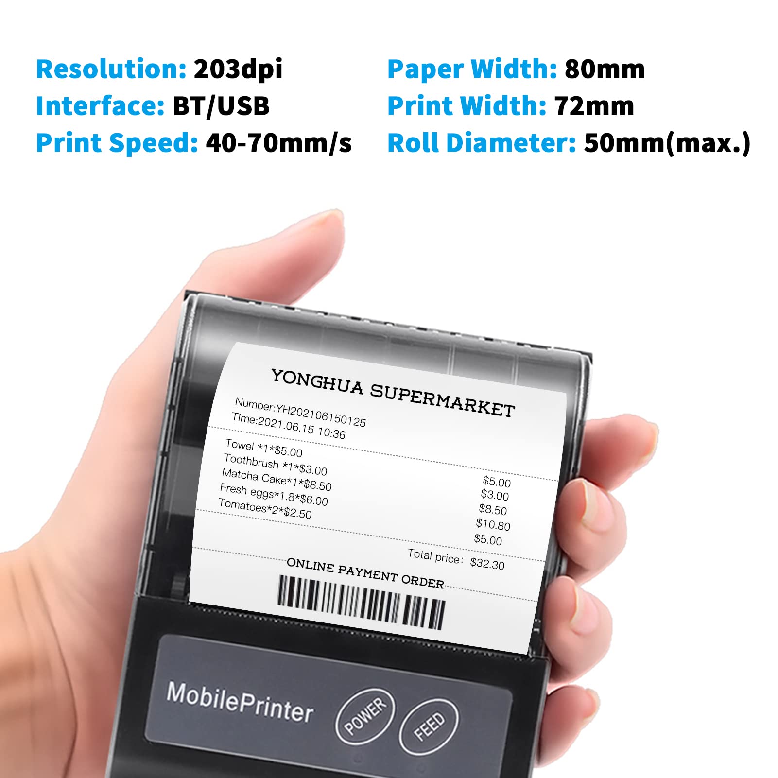 80 mm kabelloser BT Thermodrucker, Tragbarer persönlicher Rechnungsdrucker, Mini USB BT POS-Drucker, kompatibel mit Android/iOS/PC/Windows/Linux
