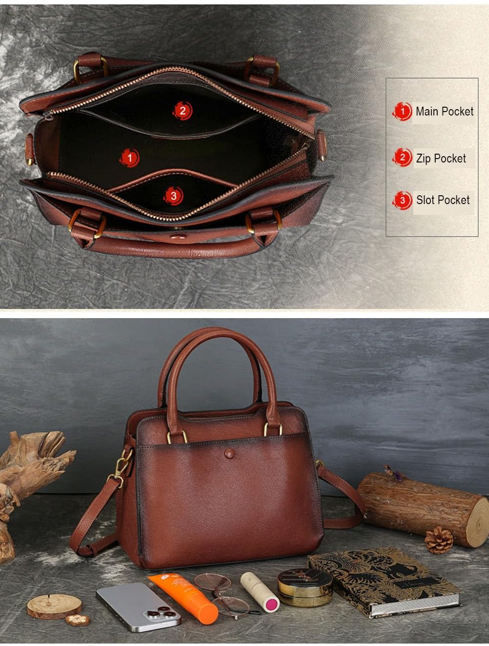 Genuine Leather Top Handle Satchel Handbag Crossbody Bag for Women