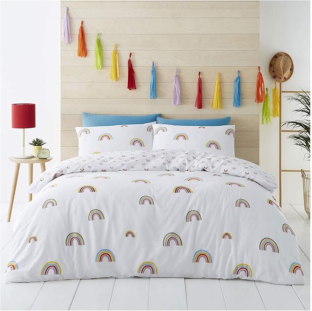 FAIRWAYUK Rainbow Duvet Covers Double Bed Size, Reversible Poly Cotton Girls Bedding Set with Pillowcase, Ultra Soft Quilt Cover, 200x200cm