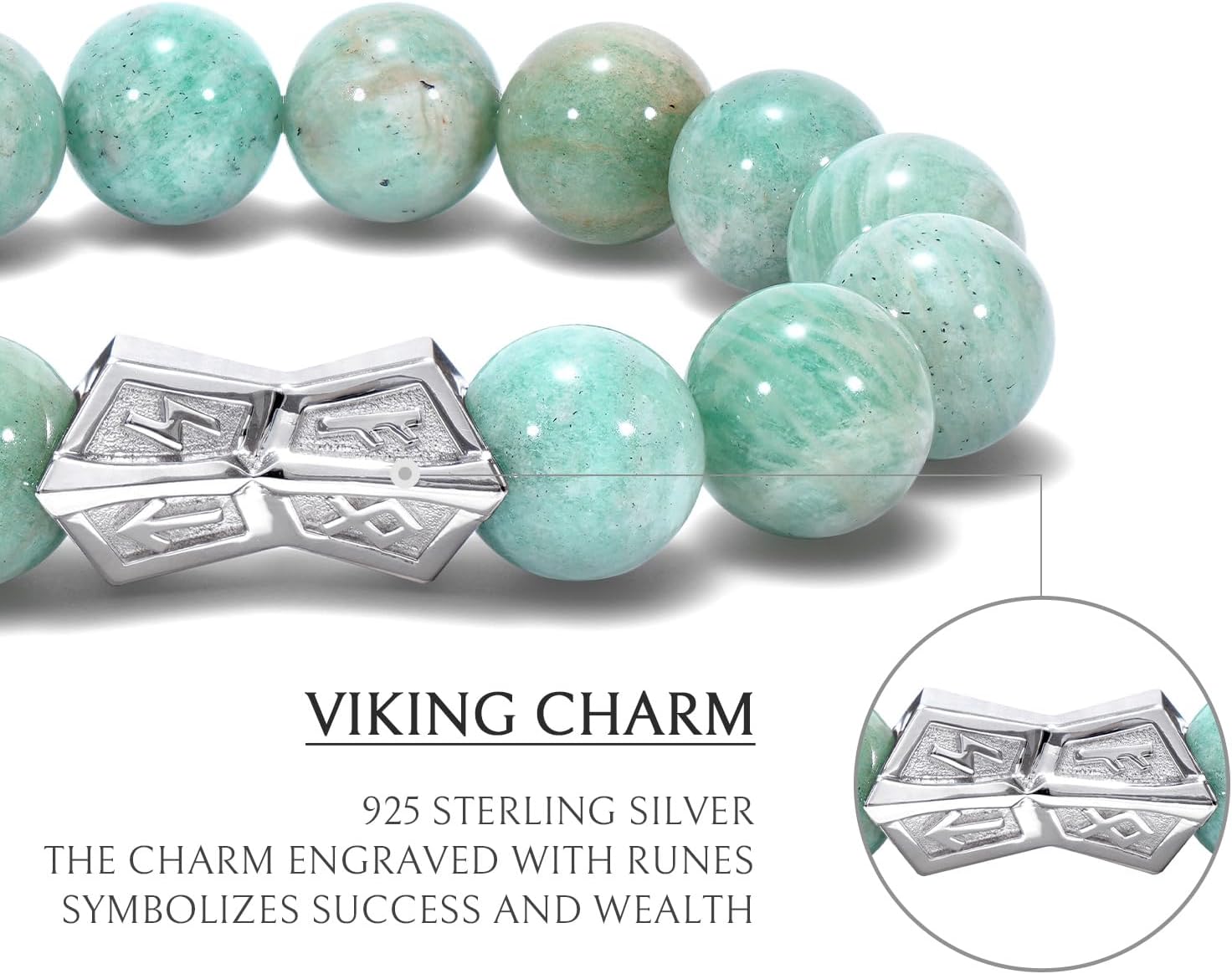 AWNL Men's Beaded Bracelet with Sterling Silver Engraved Runes Charm 12mm Amazonite Natural Gemstone Gift for Men, 6.1''-7.9''