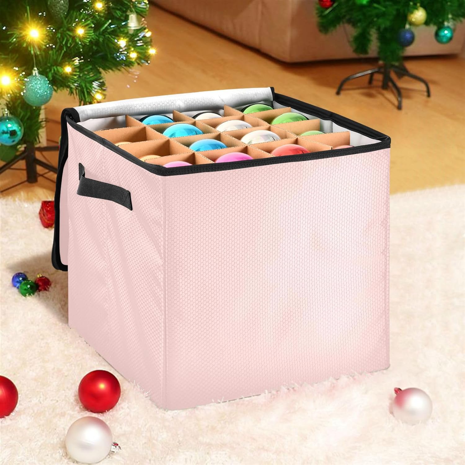 High Capacity Christmas ornament storage Holds Up to 64, Adjustable Dividers, Zippered Top, Two Handles stackable Holiday Storage Case with Lid,Light Pink