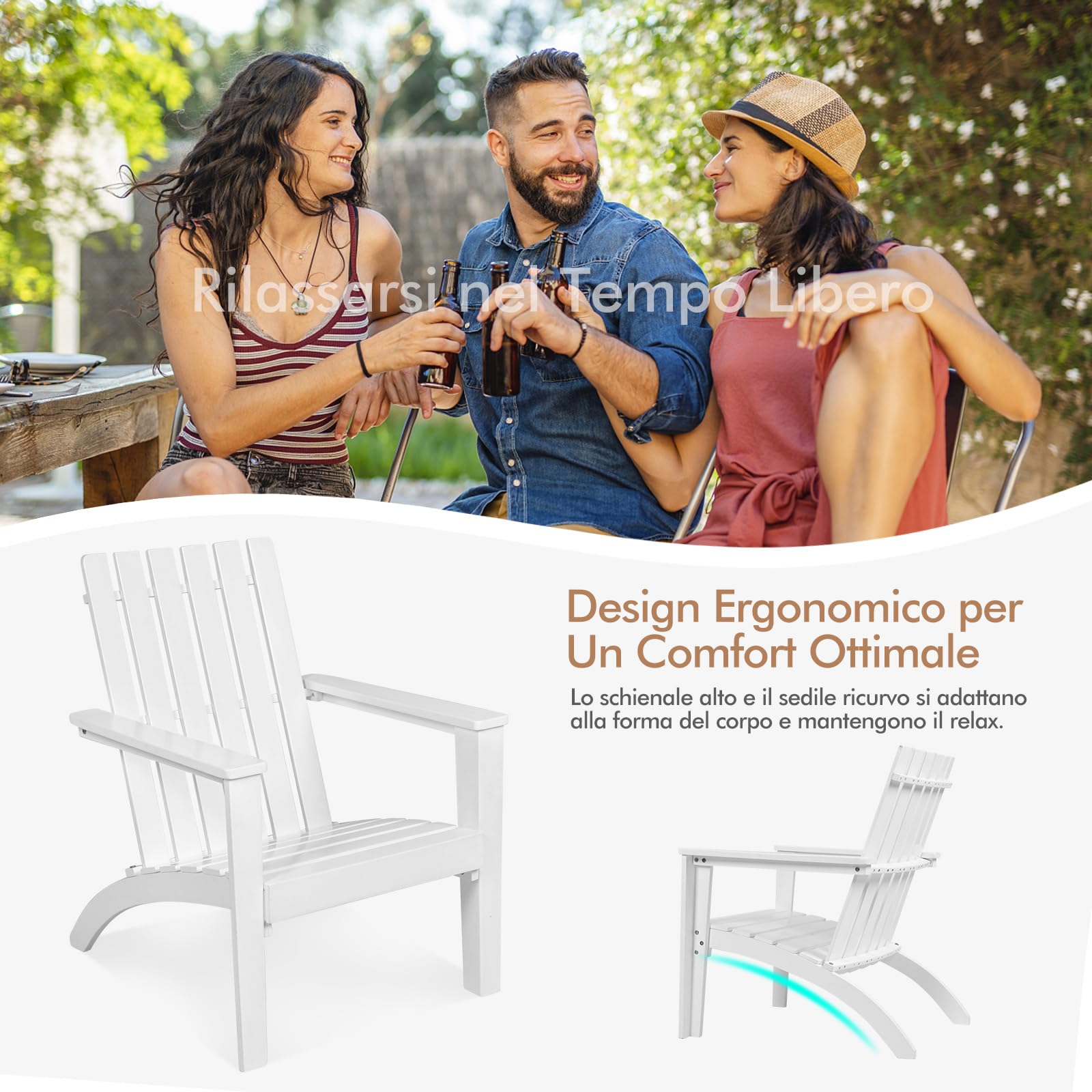 COSTWAY Sedia Adirondack Giardino in Legno, Portata 160 kg (Bianco)