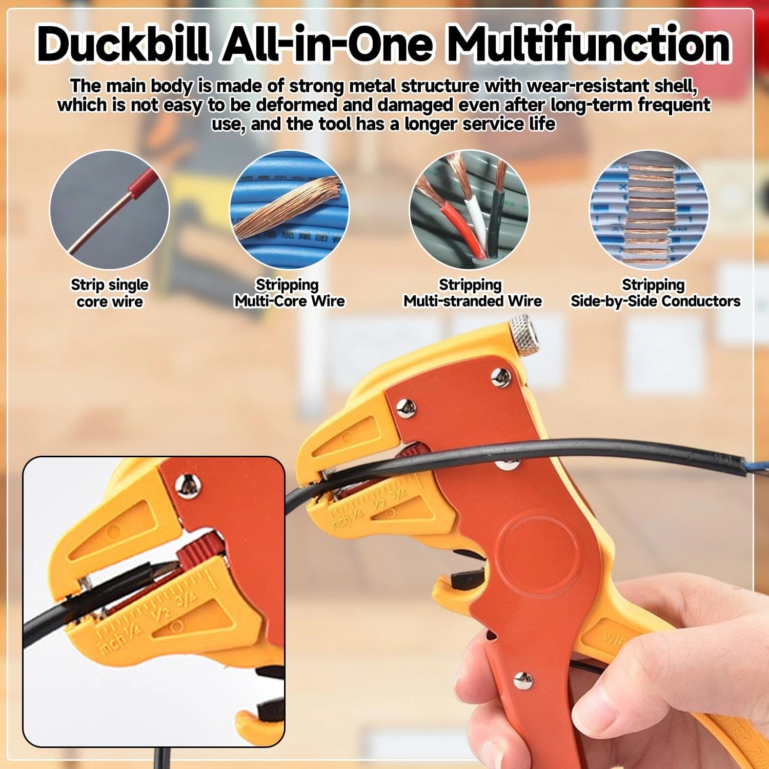 Wire Stripper and Cutter Tool with Adjustable Gauge Self-Adjusting Duckbill Design Electrical Cable Stripping Pliers