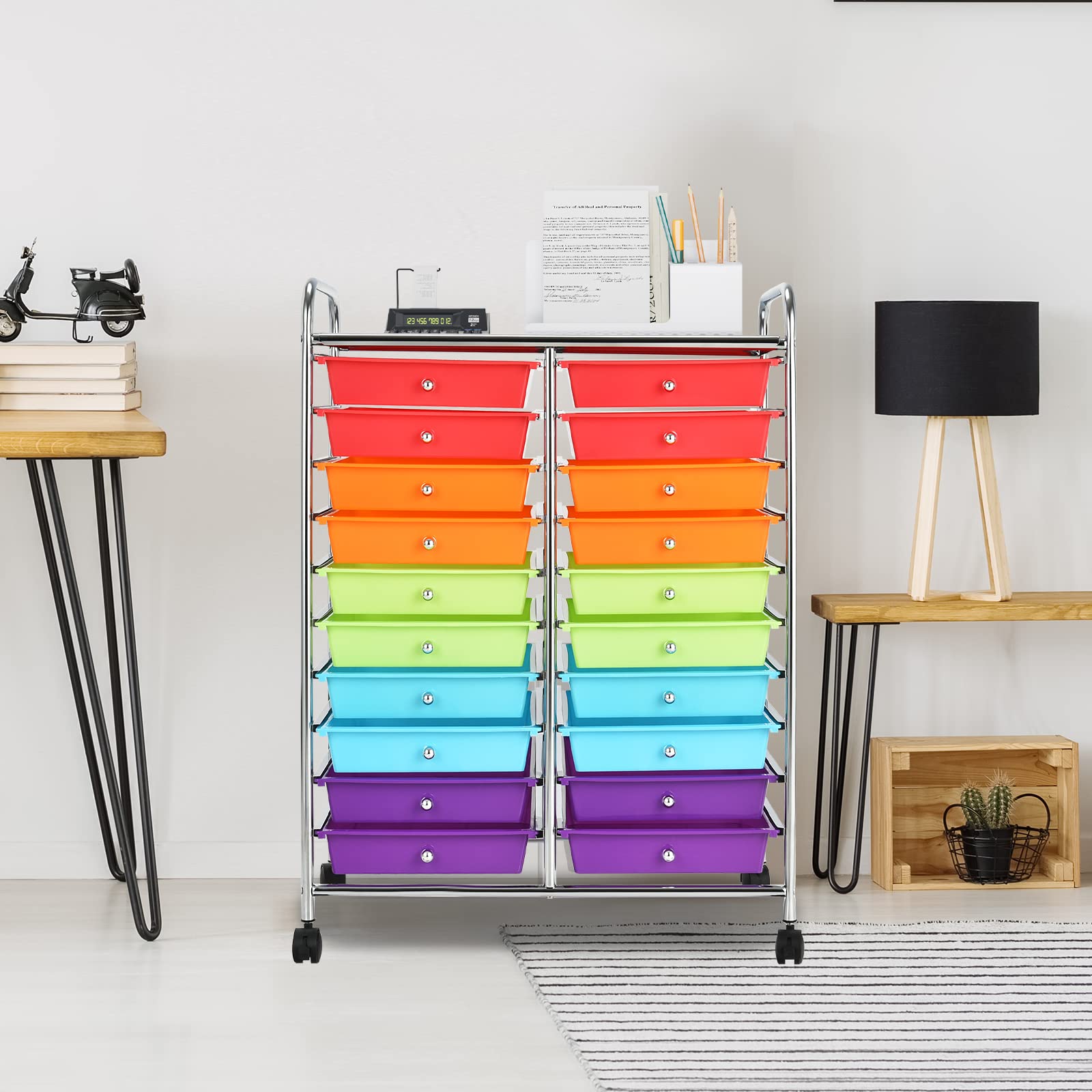 GOPLUS Chariot de Rangement 20 Tiroirs, Tour de Rangement à roulettes, Cadre en Acier, pour Chambre, Bureau, 64 x 38 x 87 CM, Multicolore