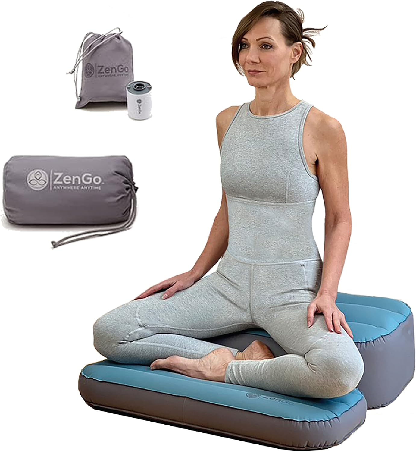 Modern Comfort Inflatable Meditation And Yoga Cushion Set by ZenGo™ - Seat (Zafu) + Mat (Zabuton)⎟ Yoga Bolsters - Two Sizes⎟ Includes Multi-Use Inflator ⎟ Indoor and Outdoor Use ⎟High Seat [5.5”-9”]