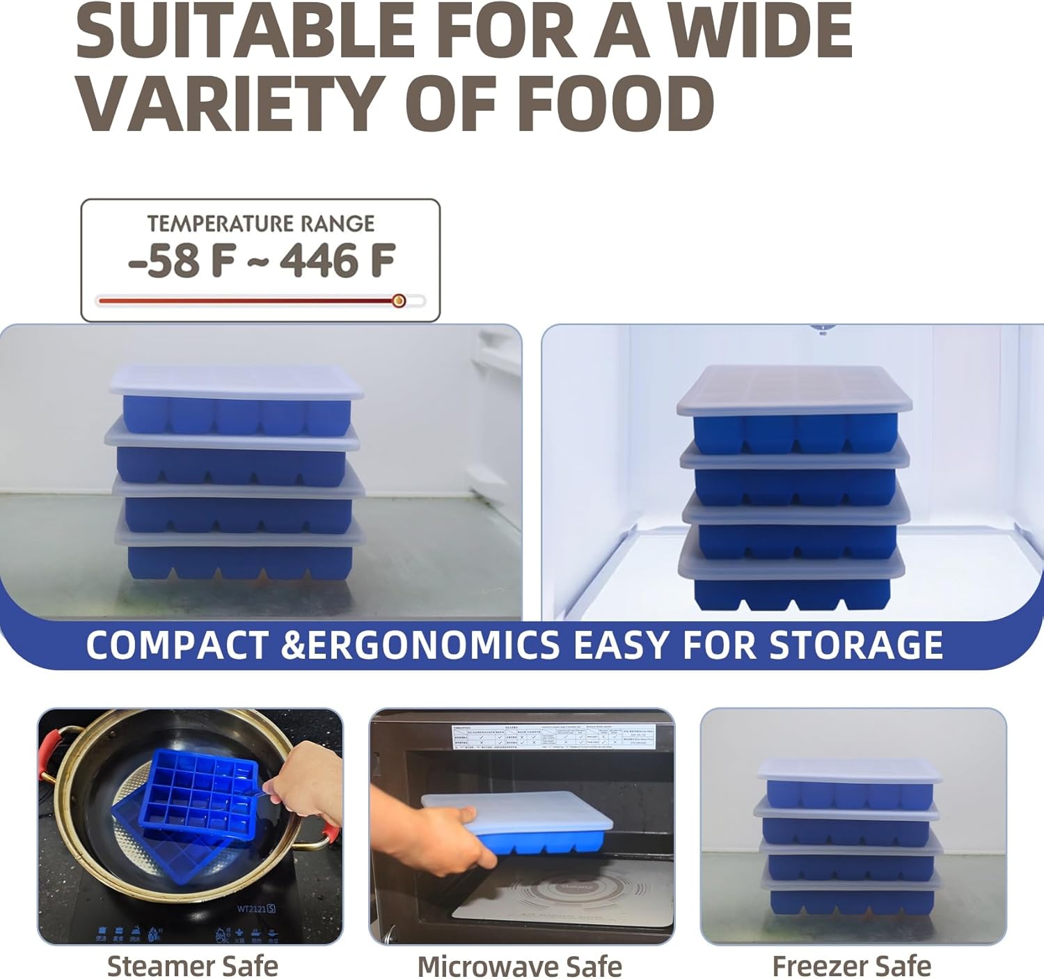 1 Tbsp Silicone Freezer Molds - Perfect for Storing Garlic, Herbs, Ginger, Pesto, Tomato Paste, Lemon Juice,Vegetable Purees,Purees and More - Silicone Food Freezer Tray(Blue 4 Pack)