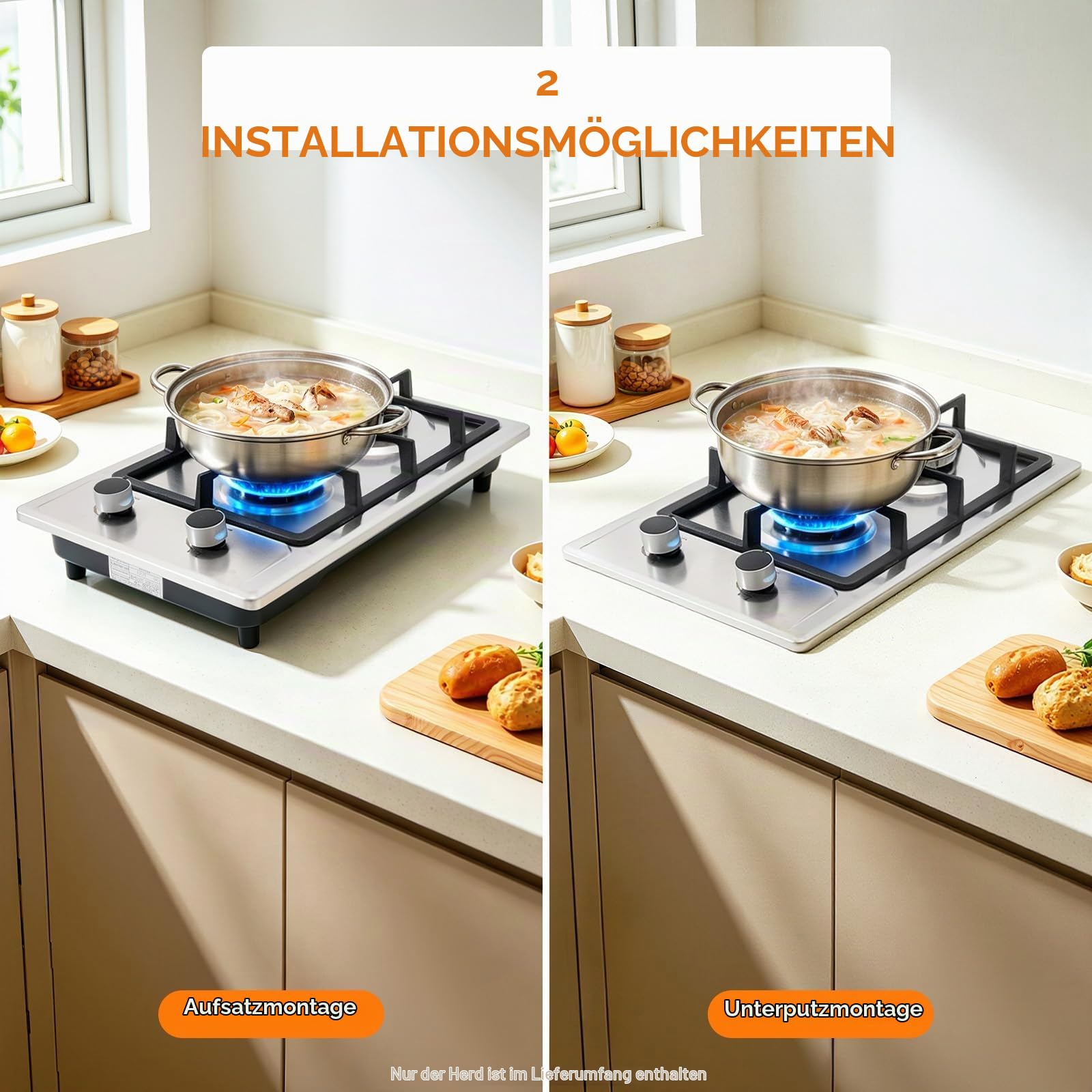 Gasherd Camping Gaskocher 2-Flammig Mit Druckreduzierventil, Umrüstdüse Und 1,5m Schlauch, Gaskocher Für Innenräume Outdoor Camping, 3kw + 1,75kw, Silber
