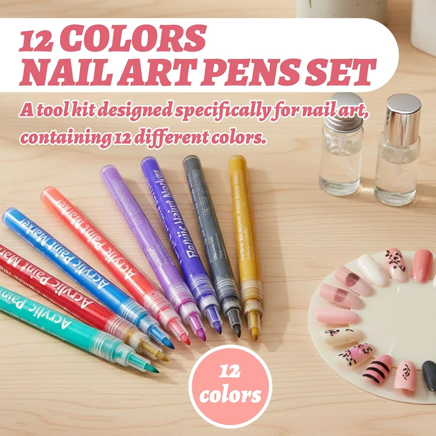 12 Colors Nail Art Pens Set, 0.7 MM 3D Drawing Painting Dotting Point Liner Nail Art Markers Nail Polish Pens for DIY Nail Art Beauty Manicure Tools