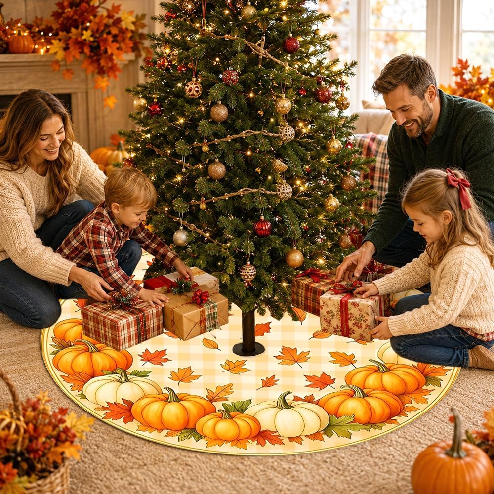 Fall Thanksgiving Tree Skirt, 36 Inch Orange Buffalo Plaid Fall Tree Skirt, Maple Leaves and Pumpkin Trees Skirts Mat for Trees Holiday Home Farmhouse Autumn Harvest Thanksgiving Party Decorations