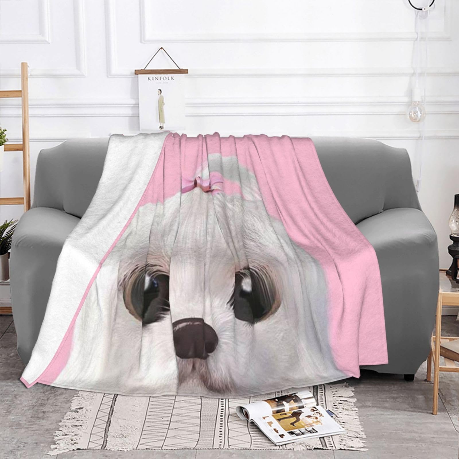 Schöne warme Flanelldecke mit Malteser-Motiv, bedruckt, 280 g, leichte Plüschdecke